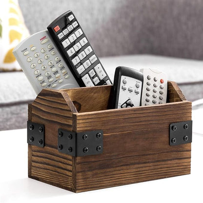 MyGift Wood TV Remote Control Holder, Remote Organizer Storage Caddy for Table with 2 Compartments and Decorative Black Metal Wrap Accents, Rustic Burnt