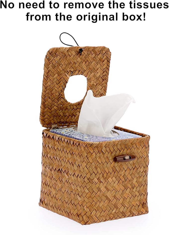 Sumnacon Tissue Box Cover Square Seagrass Tissue Box with Lid, Woven Tissue Box Holder Rustic Cube Tissue Cover for Bathroom Toilet Bedroom Living Room Kitchen Table Desk Office Car, Caramel