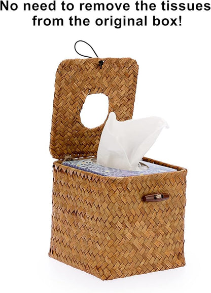 Sumnacon Tissue Box Cover Square Seagrass Tissue Box with Lid, Woven Tissue Box Holder Rustic Cube Tissue Cover for Bathroom Toilet Bedroom Living Room Kitchen Table Desk Office Car, Caramel