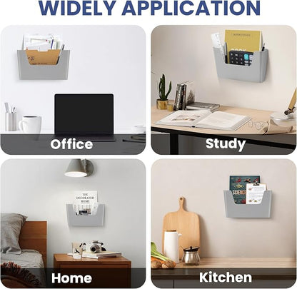JOMOLA No Drilling File Holder 3 Pack Mail Organizer Wall Mount File Organizer Holder Office Wall Hanging Files Magazines Organizer Plastic Door Mount Wall Pocket with Adhesive Pad, Grey Color