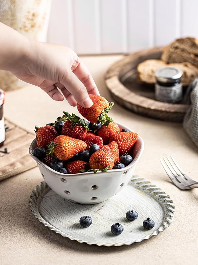 Gomakren Ceramic Berry Basket Set of 2, Elegant Fruit Basket Container 6 Inch, Fruit Bowl with Holes for Kitchen Counter, Berries, Strawberry, Grape, Cherry, Floral Shape - White