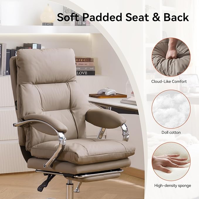 LEAGOO Heated Massage Office Chair with Foot Rest, Reclining Ergonomic Executive Office Chair with Massager for Lower Back, High Back PU Leather Comfy Heated Computer Desk Chair with Wheels, Khaki