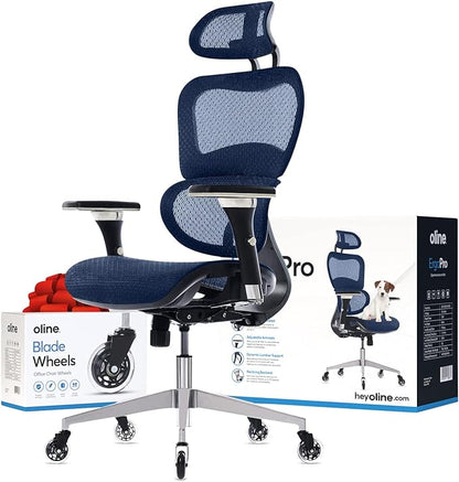 Oline ErgoPro Ergonomic Office Chair - Rolling Desk Chair with 4D Adjustable Armrest, 3D Lumbar Support and Blade Wheels - Mesh Computer Chair, Gaming Chairs, Executive Swivel Chair (Navy Blue)