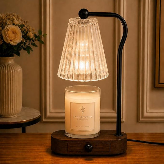 Candle Warmer Lamp with Timer & Dimmer, Black Painted Wooden Base with Drawer, Black Metal Stand, Extra Bulb Included, Candle Warming Lamp, Electric Candle Wax Warmer