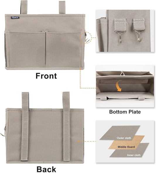 Surblue Bedside Caddy Hanging Bed Organizer Storage Bag Pocket for Bunk and Hospital Beds, College Dorm Rooms Baby Bed Rails,Camp 4 Pockets and 2 Hooks (Gray)