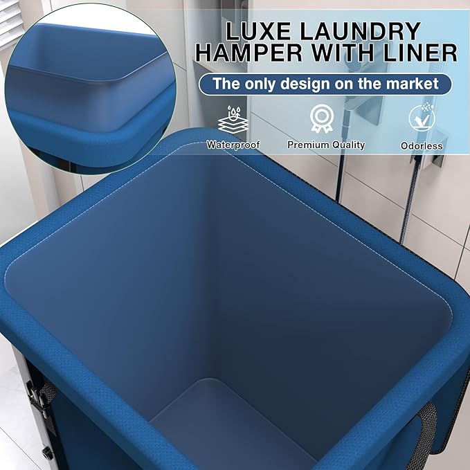 40 Gal(150L) Laundry Basket with Lid, Rolling Laundry Hamper with Wheels, Dirty Clothes Hamper with Metal Frame and Removable Bag Design, Suitable for Laundry Room, Bedroom (Dark Blue, 150L)