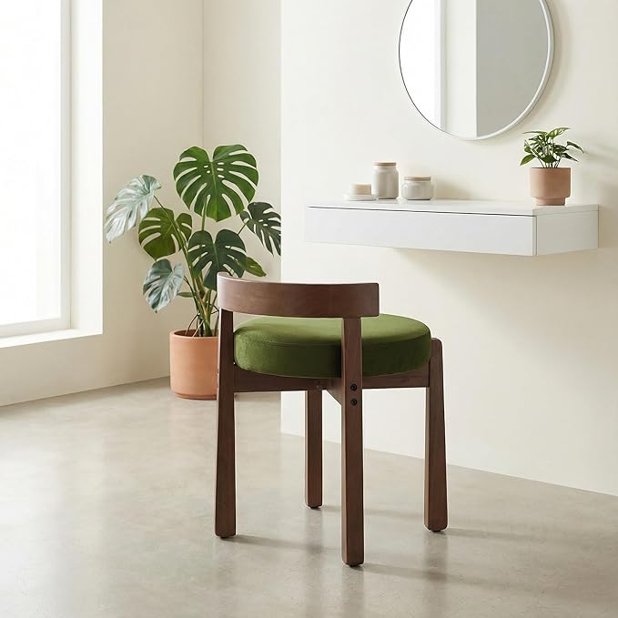 HNY Velvet Makeup Stool in Vintage Green: Compact Round Ottoman Chair with Wooden Legs, Perfect for Small Spaces Like Entryway, Cloakroom & Boudoir