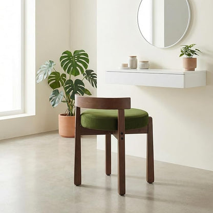 HNY Velvet Makeup Stool in Vintage Green: Compact Round Ottoman Chair with Wooden Legs, Perfect for Small Spaces Like Entryway, Cloakroom & Boudoir
