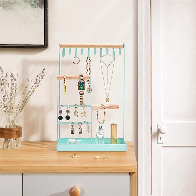 ProCase Cute Jewelry Stand, Aesthetic Jewelry Organizer for Dresser Vanity, Jewelry Holder Display for Necklaces Earrings, Gifts for Teen Girls Women, Bedroom Dorm Decor -Medium, Aqua