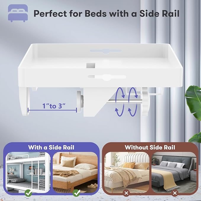 Bedside Shelf for Top Bunk Bed, Bedroom Dorm Room Essential Nightstand for College Student, White Bunk Bed Tray Table with 50LBS Capacity, BedShelf with Cup Holder (Material & Clamping Screw Updated)