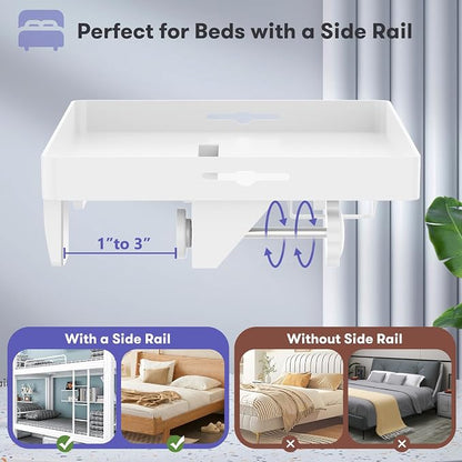 Bedside Shelf for Top Bunk Bed, Bedroom Dorm Room Essential Nightstand for College Student, White Bunk Bed Tray Table with 50LBS Capacity, BedShelf with Cup Holder (Material & Clamping Screw Updated)