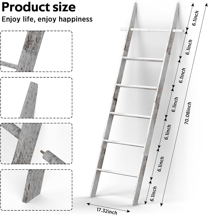 Farmhouse Wooden Blanket Ladder Living Room with Removable Hooks, 6-Tier Blanket Rack Decorative Stand, Leaning Towel Quilt Rack Holder for Bathroom Decor Rustic White
