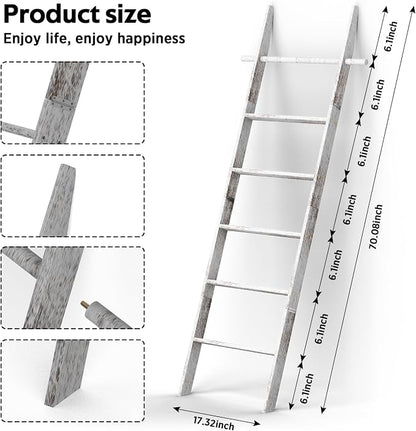 Farmhouse Wooden Blanket Ladder Living Room with Removable Hooks, 6-Tier Blanket Rack Decorative Stand, Leaning Towel Quilt Rack Holder for Bathroom Decor Rustic White