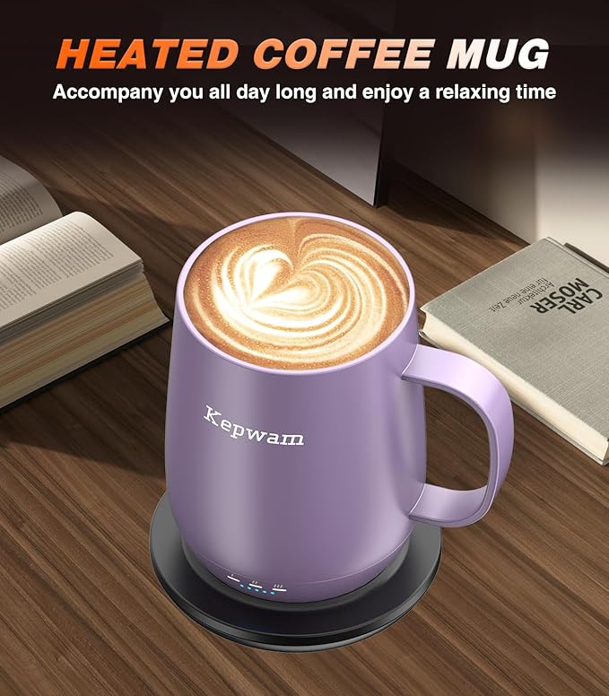Kepwam Self Heating Coffee Mug T2, 16oz Smart Heated Coffee Mug, 150 Min Battery Life - Hot up to 149℉ Temperature Control Coffee Mug Warmer, Gifts for Dad Mom (No APP)