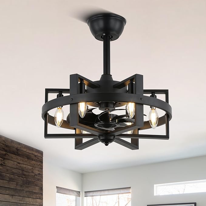 Black Caged Ceiling Fan with Light, 18.5" Modern Ceiling Fan with Lights and Remote, 6-Light Low Profile Ceiling Fans for Bedroom Living Room
