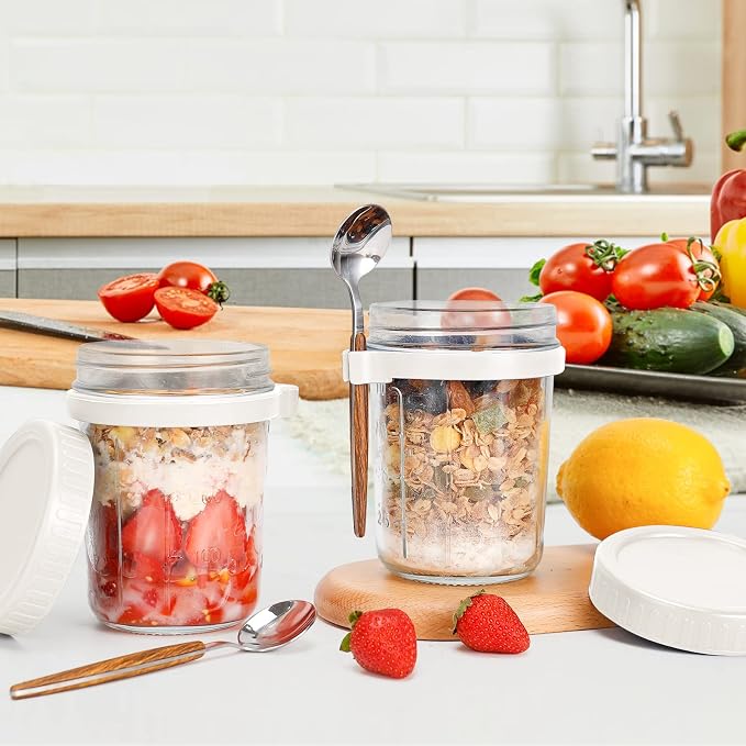 PFUM Overnight Oats Jars with Spoon and Lid 16 oz [2 Pack], Airtight Oatmeal Container with Measurement Marks, Mason Jars with Lid for Cereal On The Go Container (2pcs white)