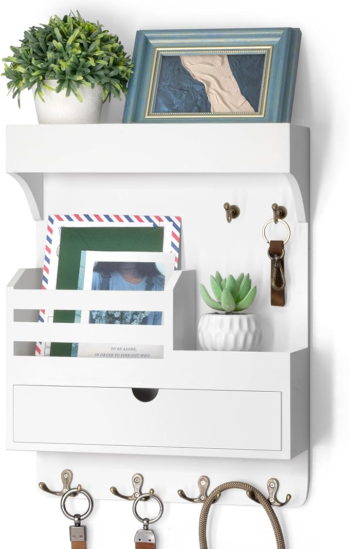 Rebee Vision Key Holder Wall Mount with Drawer Organizer – Pine Wooden Mail and Key Organizer with 6 Sturdy Hooks and Wall Shelf – Modern Living Room Decor for a Modern Home (White)