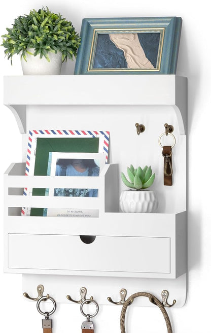 Rebee Vision Key Holder Wall Mount with Drawer Organizer – Pine Wooden Mail and Key Organizer with 6 Sturdy Hooks and Wall Shelf – Modern Living Room Decor for a Modern Home (White)