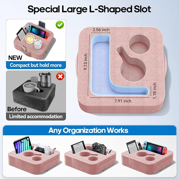 Couch Cup Holder Pillow, Sofa and Bed Caddy for iPad, Kindle, Switch, Game Controller, Remotes, Phones, Small-Sized Cup & Drink Holder for Couch, Bed, Desk, Car, Beach, Bathroom Cup Holder, Pink