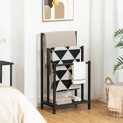 HOOBRO Free Standing Towel Rack, 3 Tier Blanket Rack, Blanket Holder for Bathroom, 16.9" L x 11" W x 31.9" H, Industrial Metal Drying and Display Rack with Shelf, Black BB03LB01