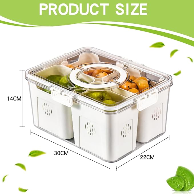 Stackable Refrigerator Organizer Bins with Lids, 4-Compartment Fridge Storage Container with Colanders & Handles, Clear Airtight Food Saver for Fruit, Vegetables & Berries