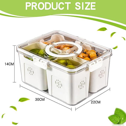 Stackable Refrigerator Organizer Bins with Lids, 4-Compartment Fridge Storage Container with Colanders & Handles, Clear Airtight Food Saver for Fruit, Vegetables & Berries