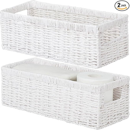 Vagusicc Wicker Storage Basket, Paper Rope Wicker Baskets with Handles, Toilet Paper Basket for Toilet Tank Top, Small Wicke Baskets for Organizing Shelves, 2-Pack, White