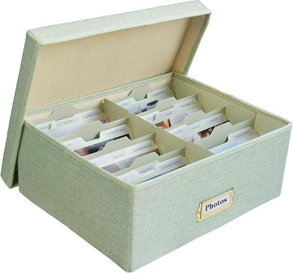 Sprsthai Linen Photo Storage Box – Holds 1700 Photos, 24 Adjustable Dividers & 72 Labels Multi-Use Organizer for Photos, Envelopes, Recipes Beige