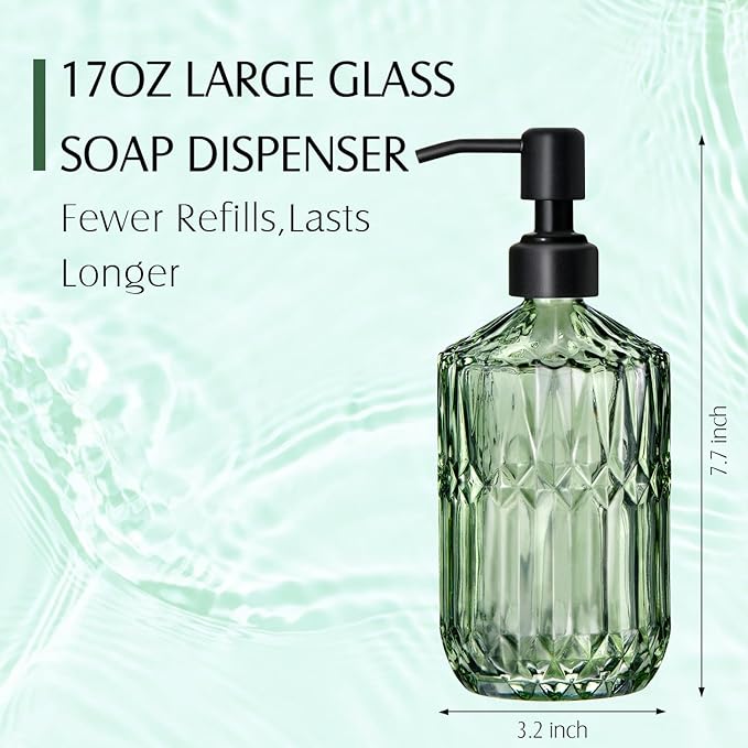 COHOSEGE 17 Oz Green Glass Kitchen Soap Dispenser for Dish Soap, 2 Pack Bathroom Soap Dispenser Set with Black Rust Proof Pump for Lotion, Hand soap or Body Wash
