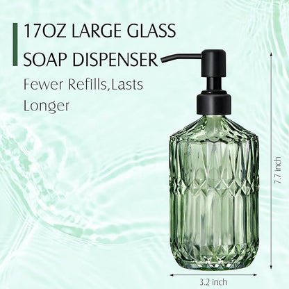 COHOSEGE 17 Oz Green Glass Kitchen Soap Dispenser for Dish Soap, 2 Pack Bathroom Soap Dispenser Set with Black Rust Proof Pump for Lotion, Hand soap or Body Wash