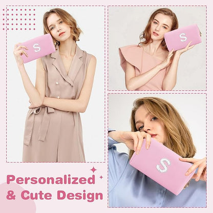ChaoGreat Bride Gifts – Personalized Initial Makeup Bag with Pearl Rhinestone Patch, Preppy Pink Monogram Cosmetic/Toiletry Pouch, bridesmaid Gifts, Bridal Shower Gifts, Wedding Gifts, Bridal Gifts,S