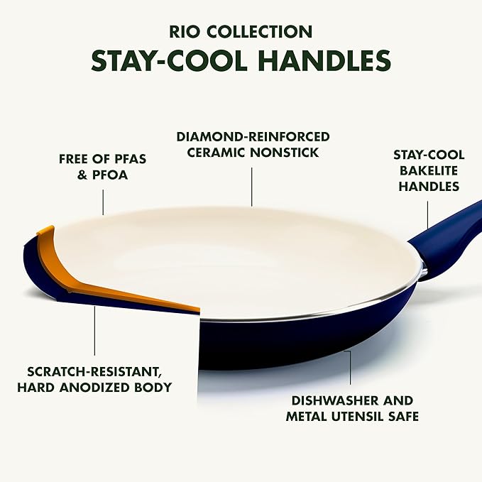 GreenPan Rio Healthy Ceramic Nonstick 8" Frying Pan Skillet and Silicone Spatula Set, Soft Grip Handle, Breaktfast Meal Set, PFAS-Free, Dishwasher Safe, Oven Safe, Oxford Blue