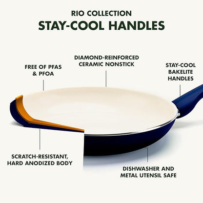 GreenPan Rio Healthy Ceramic Nonstick 8" Frying Pan Skillet and Silicone Spatula Set, Soft Grip Handle, Breaktfast Meal Set, PFAS-Free, Dishwasher Safe, Oven Safe, Oxford Blue