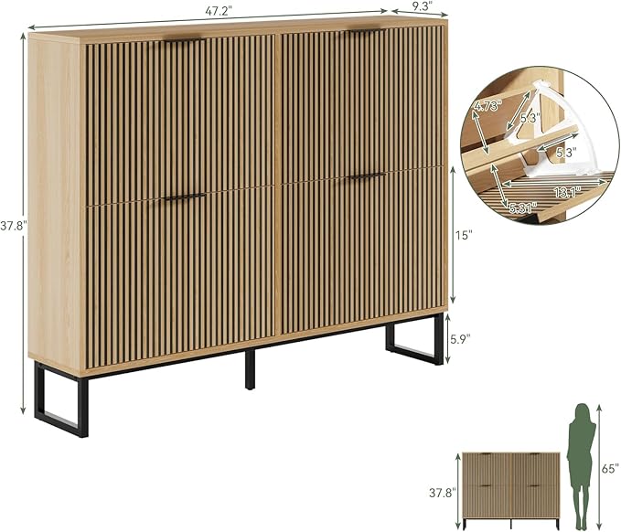 Shoe Cabinet Storage with 4 Flip Drawers, Narrow Hidden Shoe Organizer Cabinet for Entryway, Modern Freestanding Slim Shoe Rack Organizer Shoe Cupboard for Hallway, Natural Wood