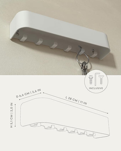 Kazai. Key Holder for Wall 'Tone' | Minimalist Key Hooks Design from Berlin | Modern Key Hanger with Metal Shelf | Key Hook Wall Mounted as Hallway Furniture | White