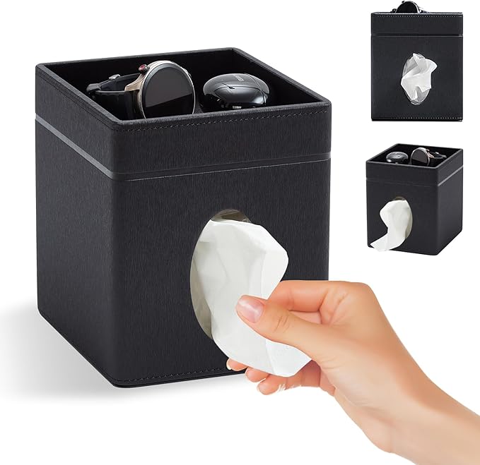 Cloudever Tissue Box Holder Cover, Modern PU Leather Square Decorative Tissue Holder Organizer-Woven New Off White