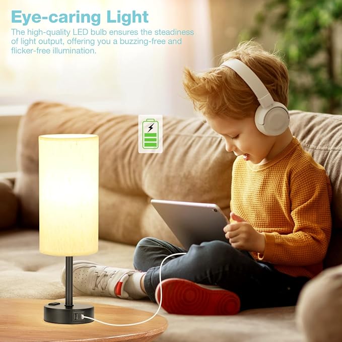 Light Beige Table Lamp for Nightstand - 3 Way Dimmable Bedside Lamp for Bedroom with USB C A Charging Ports and AC Outlet, Small Desk Lamp with Black Base for Living Room, Office, LED Bulb Included