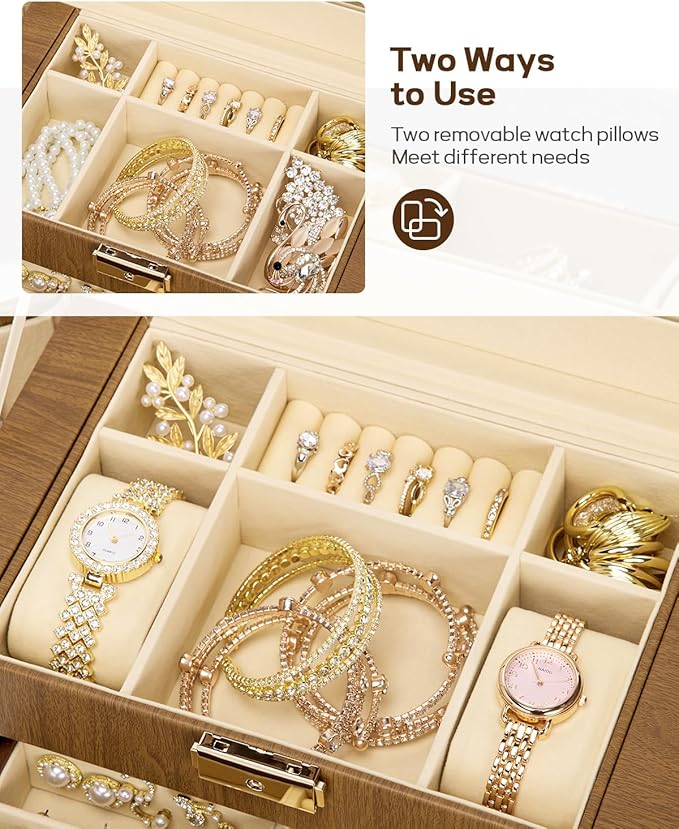 Homde Mothers Day Gifts Synthetic Leather Huge Jewelry Box Mirrored Watch Organizer Necklace Ring Earring Storage Lockable Gift Case (Brown + Gold)