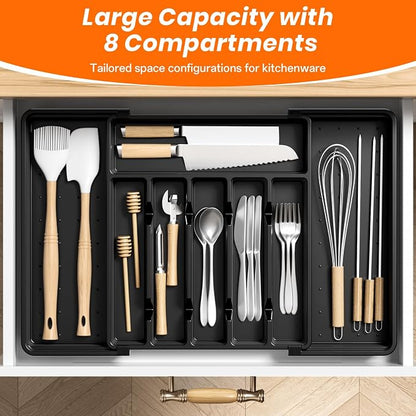 RoomHacks Large Silverware Organizer,Expandable Utensil Drawer Organizer,BPA Free Utensil Holder,Adjustable Silverware Tray Cutlery Drawer Organizer for Kitchen Flatware,Large,Black,2 Pack