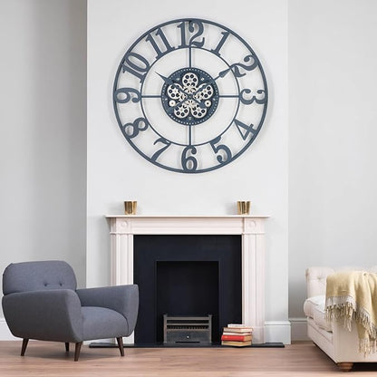 29 Inch Large Wall Clocks for Living Room Decor with Moving Gears,Large Wall Clock Industrial Steampunk,Oversized Metal Analog Wall Clocks for Farmhouse Home Battery Operated