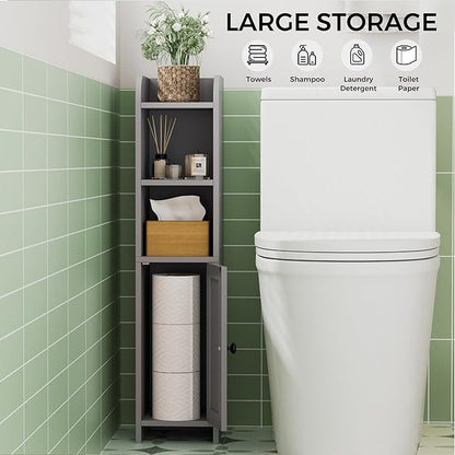 Homhedy Small Bathroom Storage Corner Floor Cabinet with Door and Shelves, Beside The Toilet Paper Stand for Skinny, Narrow Toilet Paper Cabinet, 7.9" D x 7.1" W x 31" H, Gray