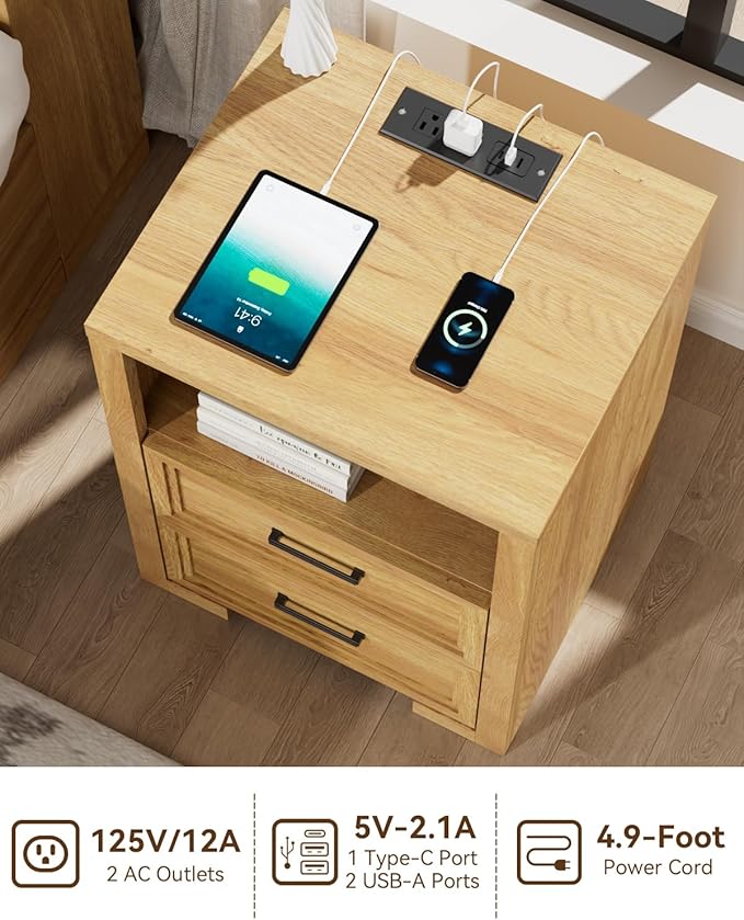 Nightstand Set of 2, Night Stand with Charging Station, End Table with 2 Drawers, Wood Rustic Side Table with Open Storage Shelf, for Bedroom, Living Room, Natural Oak