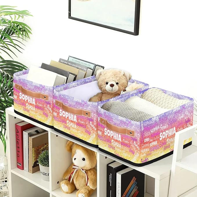 Personalized Name Small Storage Basket with Handles, Canvas Storage Bins Toys Organizer for Bedroom, Kitchen, Bathroom, Nursery, Shelves, Closets. Purple Red Yellow Bling Glitters