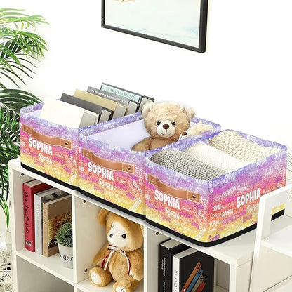 Personalized Name Small Storage Basket with Handles, Canvas Storage Bins Toys Organizer for Bedroom, Kitchen, Bathroom, Nursery, Shelves, Closets. Purple Red Yellow Bling Glitters