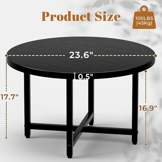 FAMIDGE Round Coffee Table, Small Coffee Tables for Living Room, Black Coffee Table with Metal Frame, Floor Table Desk for Sitting on The Floor, Home, Office, Farmhouse, Black (23.6" D x 17.7" H)