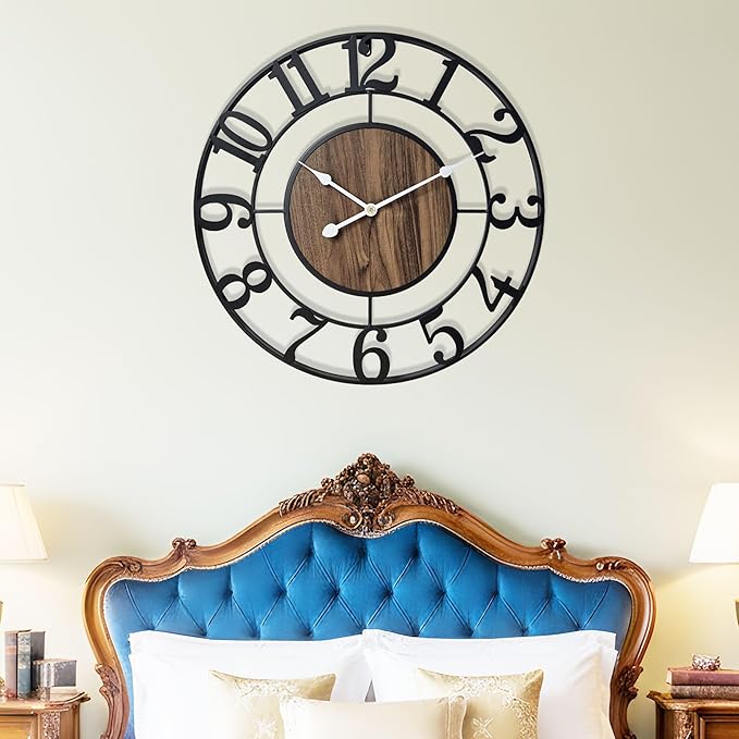 Tixmtry Large Metal Wall Clock, 24 Inch Retro Decorative Silent, Non Ticking, Battery Operated Modern Big Wood Wall Clock for Living Room, Farmhouse, Bedroom, Fireplace, Kitchen, Office, Home Decor