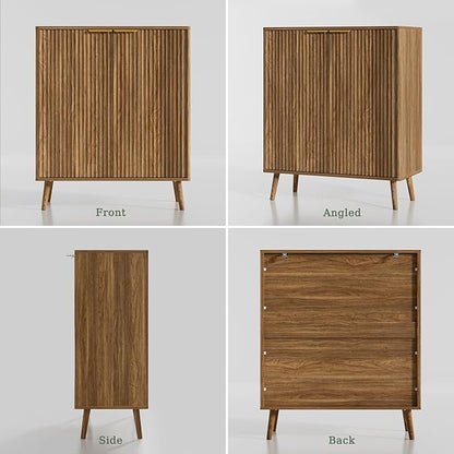 Fluted Shoe Cabinet with Doors 2Pcs, 5-Tier Shoe Storage Cabinet for Entryway Slim, Wooden Hidden Shoe Organizer Cabinet with Adjustable Shelves and Solid Legs for Hallway, Natural Oak