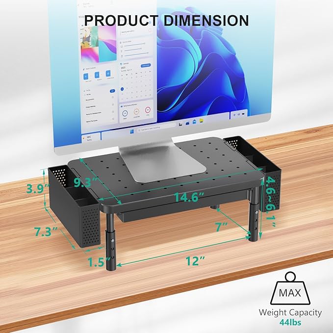 WALI Computer Monitor Stand with Storage, Desk Organizer with Drawer and Pen Holder, Desk Monitor Riser 3 Height Adjustable, Laptop Riser for Computer, Laptop, Printer(PTT003-B), 1 Pack, Black