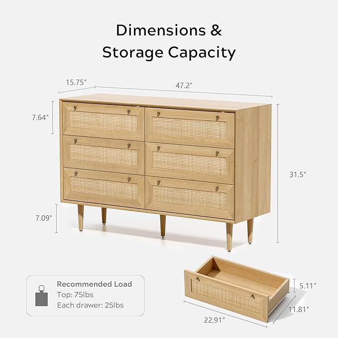 Rattan 6 Drawer Dresser, Modern Closet Dressers of Drawers with Natural Rattan, Boho Dresser Chest, TV Stand of Drawers, Wood Storage Drawer Organizer for Bedroom Living Room Entryway Hallway