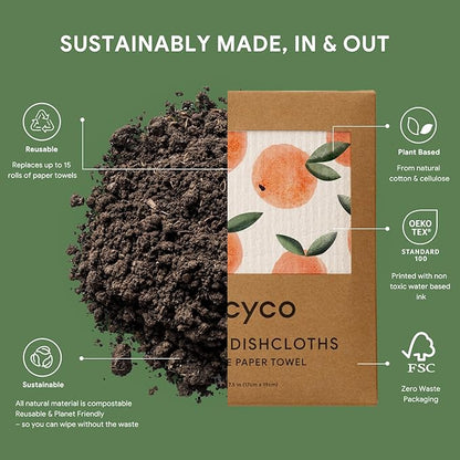 RECYCO Swedish Dishcloths for Kitchen | 5 Pack Peachy Leaves Washable Dish Rags | Cellulose Reusable Cleaning Paper Towels | Absorbent Counter Dish Cloth Sponge Kitchen Wipes, 8" L x 7" W
